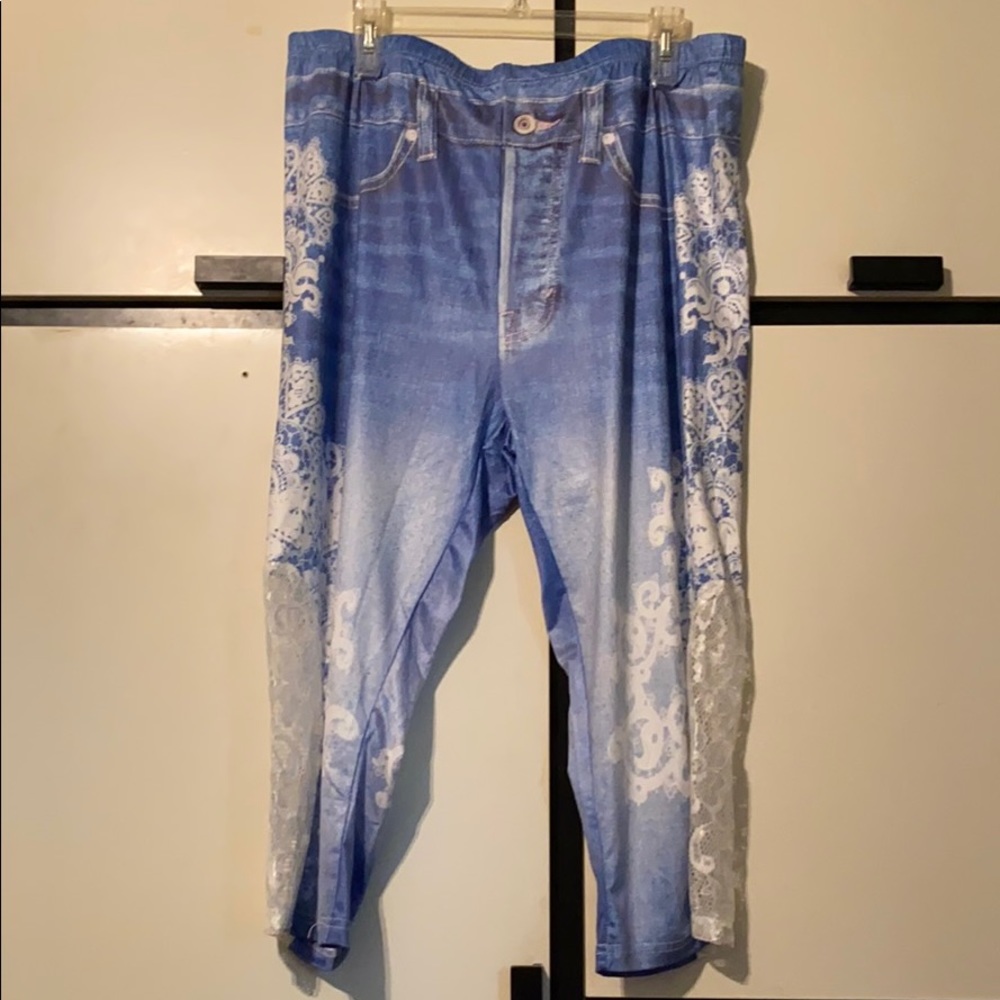 Rosegal Blue Denim Look Leggings with Lace Cut Out